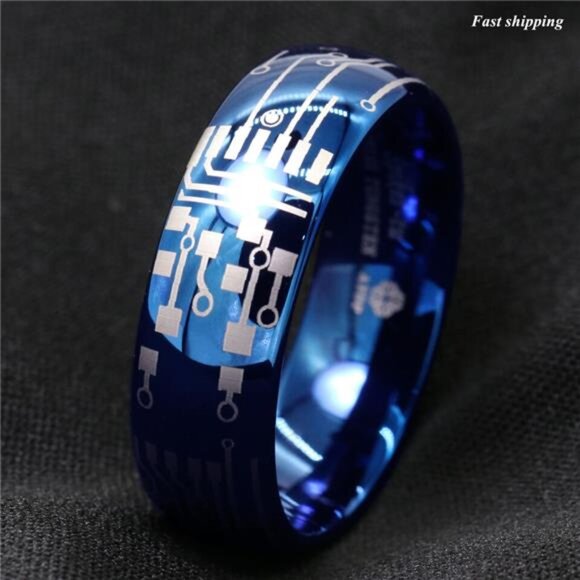 Men's Wedding Band - Dome Brushed Blue Laser Circuit Board Ring for Men & Women - Picture 6 of 6